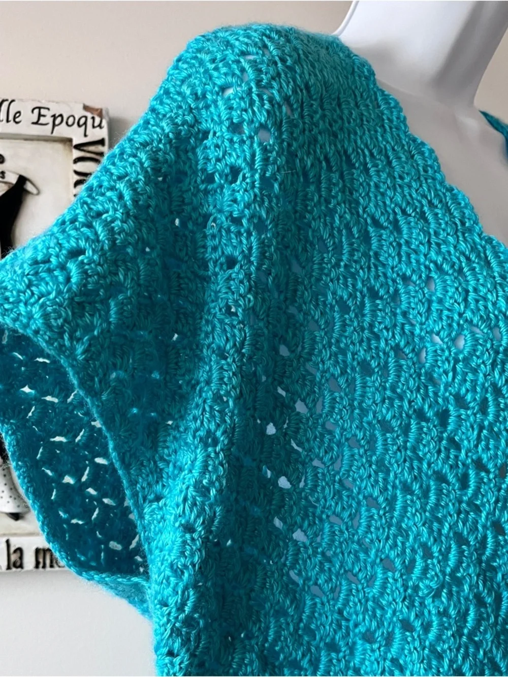 Vintage Hand Crocheted Open Front Turquoise Boho Festival Hippie Vest Size L